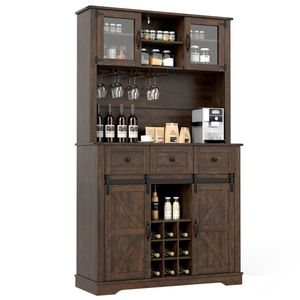 Armario de Despensa Estilo Rústico Marrón de 72 Pulgadas con Puertas Corredizas Tipo Granero y Estante para Vino, Elegante Solución de Almacenamiento para Cocina - Product Image 1