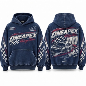 Sweat-shirt à capuche bleu délavé pour homme, imprimé course automobile sur denim, coupe oversize, streetwear ONEAPEX, vente en gros personnalisée - Product Image 1