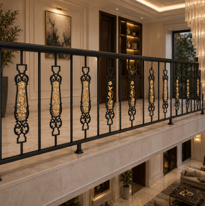 Balustre d'escalier moderne en fer noir avec décor floral doré, poteau de rampe décoratif résistant à la rouille pour hall et balcon - Product Image 3