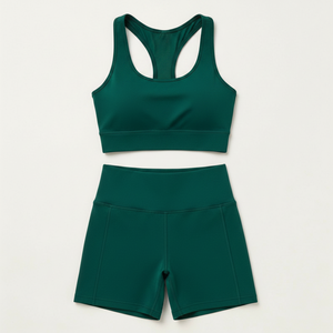 Ensemble de sport 2 pièces pour femme : Soutien-gorge dos nageur vert émeraude et short taille haute, sans couture, respirant, séchage rapide, en Spandex, pour yoga et activités sportives - Product Image 1