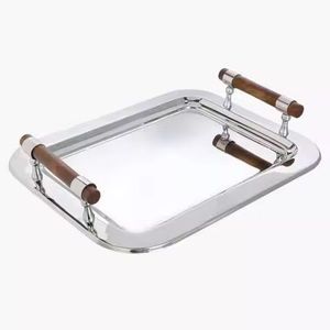 Bandeja de Servir de Acero Inoxidable con Asas de Madera, Plato Rectangular de Metal para Servir Alimentos, Bandeja para Cocina de Hotel - Product Image 2