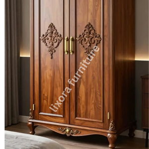 Luxury Handcrafted Solid Wood 2 Door <b>Wardrobe</b> Ornate Botanical Carving Premium Finish Armoire - Product Image 4