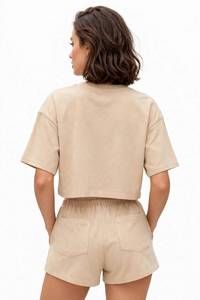 Women Casual Full Sleeve Hooded Top and <b>Elastic</b> <b>Waist</b> Shorts 3 Piece Set Solid Beige Breathable Fleece Winter Outfit - Product Image 3