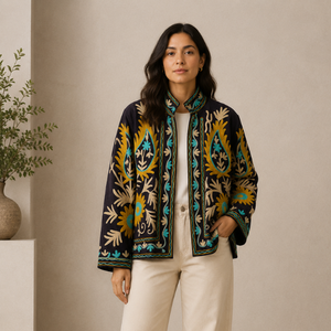 Indian Handmade Suzani Cotton <b>Jacket</b> Hand Embroidered Short <b>Jacket</b> Unisex Coat Handmade Suzani Short <b>Jacket</b> - Product Image 1