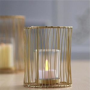 Portavelas Moderno de Metal Dorado con Alambre, Copa de Vidrio, Centro de Mesa Geométrico para Decoración de Hogar, Bodas y Eventos - Product Image 1