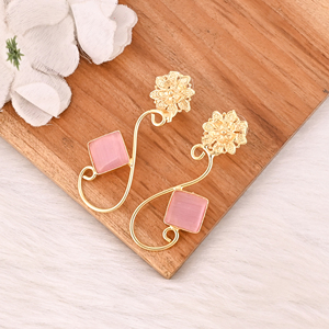 Elegant <b>Pink</b> Cat's Eye Gemstone Earrings Gold Plated Designer Brass Fashion Jewelry for Women - Product Image 3