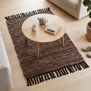 Handcrafted Leather Area Rug Solid Color Rectangle Modern Style Living Room Flat Pile Indoor Rug Tassels PET Friendly Non-Slip - Product Image 1