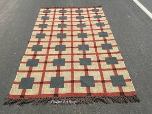 Tapis Kilim indien en laine et jute tissé à la main, motif géométrique moderne à carreaux, Dhurrie pour la décoration du salon et de la chambre - Product Image 5