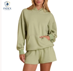 Conjunto de Sudadera con Capucha Color Caqui para Mujer, 2 Piezas, Color Sólido, Manga Larga, Corte Holgado Informal, Ropa de Primavera/Verano - Product Image 1