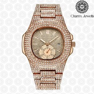 Charm_Jewells Men's Luxury Stainless Steel Watch 42mm Rectangle Case Diamond Encrusted Analog Quartz <b>Chronograph</b> Folding Clasp - Product Image 6