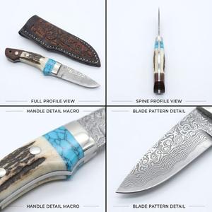 Cuchillo utilitario de hoja fija para exteriores de acero de Damasco forjado a mano personalizado, mango de cuerno de ciervo y turquesa, funda de cuero estampado, OEM DIY - Product Image 5