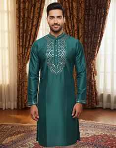 Kurta de Seda Premium para Hombre con Bordado a Mano con Espejo – Kurta Larga Étnica para Fiestas y Bodas - Product Image 2