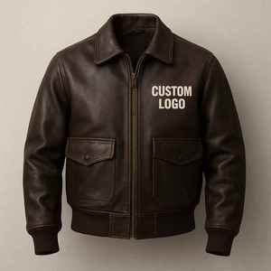 <b>MEN</b>’S BROWN <b>LEATHER</b> BOMBER <b>JACKET</b> CUSTOM LOGO ZIPPER FRONT RIB KNIT CUFFS FLAP POCKETS CASUAL STREETWEAR STYLE OEM ODM WHOLESALE - Product Image 1