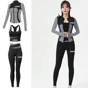 Conjunto de yoga de 3 piezas personalizado para mujer 2026: Ropa de gimnasio, sujetador deportivo, leggings y chaqueta con cremallera. - Product Image 1