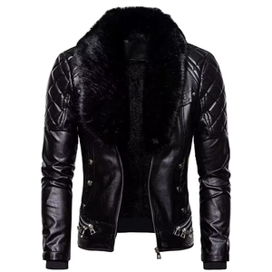 Men's <b>Black</b> Leather Jacket <b>With</b> <b>Fur</b> <b>Collar</b> Quilted Design Windproof Winter <b>Coat</b> Full Sleeve Style - Product Image 1