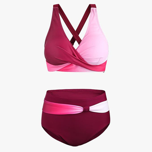 Conjunto de Bikini con Bloques de Color, Top con Cuello en V Profundo y Detalle Trenzado, Braguita de Cintura Alta, Traje de Baño Elástico de Spandex y Poliéster para Playa - Product Image 3
