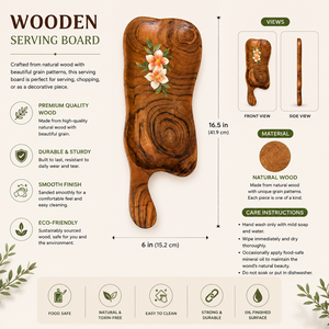 Tabla de servir de madera hecha a mano con diseño floral |   Bandeja Rústica de Madera para Quesos y Aperitivos |   Bandeja Decorativa para Servir - Product Image 5