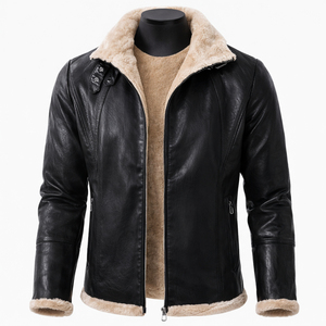 Chaqueta de Cuero Genuino para Hombre con Forro de Piel Sintética, Cuello Camisero, Estilo Motero, Resistente al Viento, Abrigo de Invierno, Corte Ajustado - Product Image 1