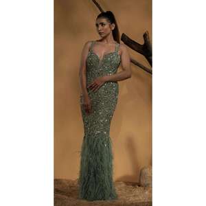 Luxury Green <b>Sequin</b> Mermaid Evening Gown | Spaghetti Strap Deep V Neck | Feather Hem Party Dress Women India 2026 Premium Style - Product Image 1