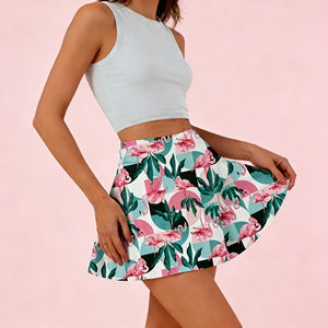 Ventes flash sur Temu |   Jupe courte tendance à imprimé flamants roses et feuilles, taille haute, décontractée, évasée, pour femme, idéale pour le quotidien, les vacances et les fêtes - Product Image 5
