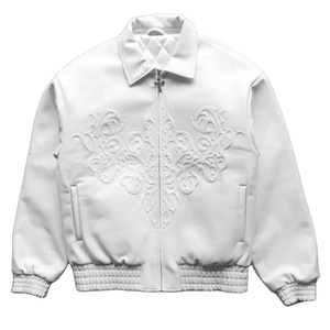 <b>White</b> PU Bomber <b>Jacket</b> <b>Men</b> Casual Embossed Floral Design Turn-down Collar Zipper Closure Regular Fit Autumn Wear - Product Image 1