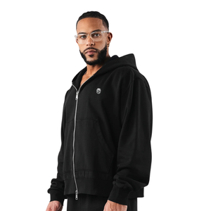 เสื้อฮู้ดซิปสีดำสำหรับผู้ชาย ผ้าฝ้ายผสมขนแกะ แขนยาว ชุดลำลองสไตล์สปอร์ต รับผลิตแบบ OEM จำหน่ายส่งจากโรงงาน - Product Image 3