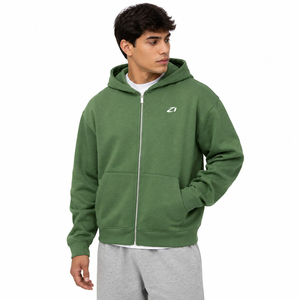 เสื้อฮู้ดดี้สีเขียวมะกอกแบบสั่งทำพิเศษสำหรับผู้ชาย ทรงหลวม ซิปเต็มตัว ผ้าฝ้ายผสมขนแกะ สำหรับฤดูใบไม้ร่วงและฤดูหนาว สีพื้น รับผลิตแบบ OEM ODM พร้อมบริการพิมพ์ลายและปัก - Product Image 1
