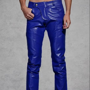 Pantalones de moto casuales de invierno para hombre, azul real, con revestimiento de cuero, corte recto, cierre de cremallera, cintura media, bolsillos, tejido ligero de punto - Product Image 6
