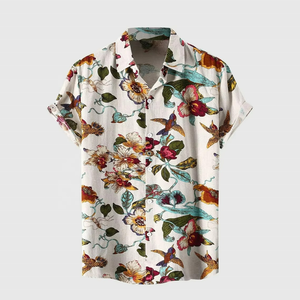 Custom Spring Vacation 100% Polyester Men's Casual <b>Shirt</b> Short Sleeve Floral Hawaiian Beach Design Satin Fabric Eco-Friendly - Product Image 1
