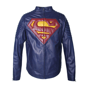 Chaqueta de Cuero PU Azul para Hombre con Logotipo de Superman, Cierre de Cremallera Frontal, Corte Ajustado, Estilo Motero - Product Image 1
