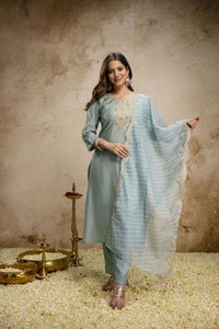 Kurti de algodón azul claro para mujer, pantalón hasta el tobillo, atuendo étnico tradicional estilo India Pakistán, ropa casual, corte regular - Product Image 1