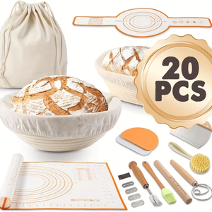 Cesti per lievitazione in rattan naturale, rotondi da 9 pollici e ovali da 10 pollici, con rivestimento in lino, strumenti per panificazione e pasticceria con strumenti di marcatura e rivestimento. - Product Image 1