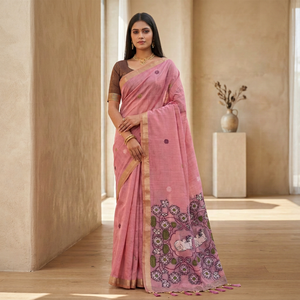 Sari en coton rose avec broderies florales et animalières Meenakari, travail traditionnel indien, vêtement pour femmes, style décontracté - Product Image 3