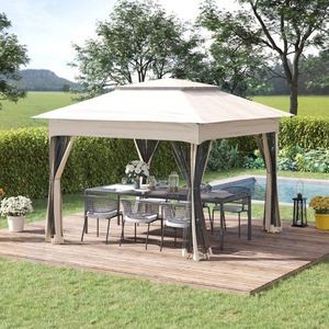 Gazebo Moderno Pop-up 3,35m x 3,35m in Acciaio e Ferro Beige per Cortile, Villa, Parco - Product Image 1