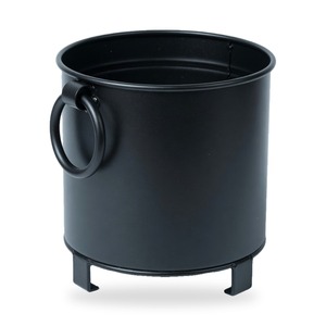 Jardinière cylindrique en métal noir faite à la main sur support avec poignées en anneau, en fer thermolaqué, moderne, pour intérieur et extérieur, 35x35x45cm - Product Image 1
