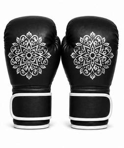 Guantes de Boxeo de Cuero Negro con Estampado de Mandala Plateado, Cierre de Velcro, Unisex, para Entrenamiento de Artes Marciales - Product Image 1