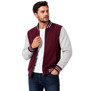 Unisex Maroon Varsity Jacket Gray Sleeves Single Button Closure Casual Fleece Outerwear Winter Windproof Breathable Stand Collar - Product Image 5