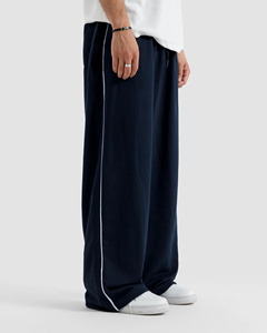 Pantalon de jogging décontracté pour homme, bleu marine, coupe large, en molleton, avec taille élastique tissée, braguette zippée, rayures latérales, imperméable, automne - Product Image 4
