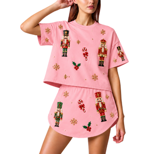 Vestido de Verano para Mujer, Color Rosa, Manga Corta, con Bordado de Flamencos Navideños con Lentejuelas, Cuello Redondo, Casual, por Encima de la Rodilla - Product Image 5