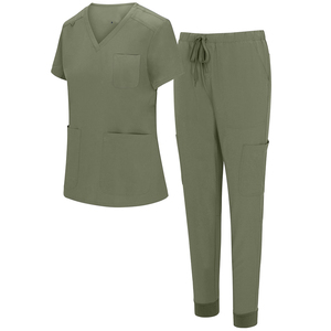Ensemble de blouses médicales pour femmes, vert olive, haut à col en V, poches, pantalon à cordon, uniformes d'hôpital, toile 100% coton, logo personnalisé, toutes saisons - Product Image 1