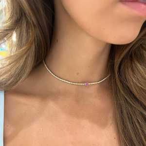 Heart Cut Pink Sapphire Tennis <b>Choker</b> Necklace 10k 14k Solid Gold Round Moissanite Classic Layering Statement Necklace For women - Product Image 2