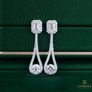 Emerald And Round Cut Lab Grown Diamond Open Drop Halo Cluster 10K Solid <b>Gold</b> Micro Pave <b>Dangle</b> Party Wear Fine <b>Earrings</b> For Her - Product Image 1