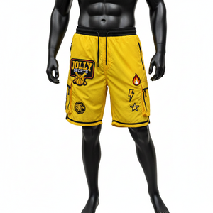 Soft lightweight polyester windbreaker <b>shorts</b> yellow black cargo panel embroidery <b>patch</b> heat transfer custom logo <b>men's</b> <b>shorts</b> - Product Image 6