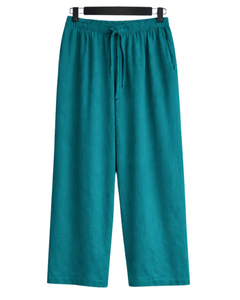 Ensemble deux pièces en lin bleu sarcelle pour femme : chemise à manches longues boutonnée et pantalon large à taille élastique – Tenue décontractée et confortable - Product Image 5