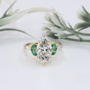 Vintage Yellow Gold Marquise Lab Grown Engagement <b>Ring</b> Green Emerald Side Accent Lotus <b>Crown</b> Filigree Solitaire Wedding <b>Ring</b> - Product Image 1