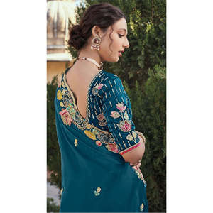Saree ดีไซน์เนอร์สำหรับงานปักลายหลายดอกและปักเลื่อม - Product Image 5
