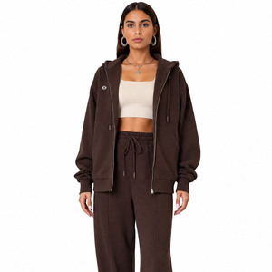 Ensemble survêtement décontracté en molleton pour femme avec sweat à capuche zippé et pantalon droit, coupe ample, pour la fabrication de vêtements en gros, grammage lourd - Product Image 3