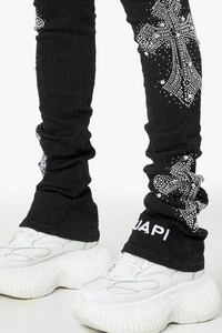 Men's Black Elastic Waist <b>Pants</b> With Crystal Embroidery <b>Sequin</b> Detailing Casual Street Style Midweight Spandex Denim Blend - Product Image 6