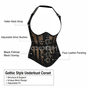 Fabricant sur mesure de corsets bustiers en PVC vinyle noir avec panneau en maille et sangle à boucle avant, lingerie corset - Product Image 5