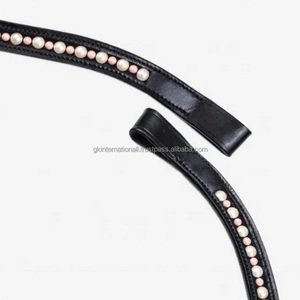 Bande de front de cheval en cuir à canal vide en forme de vague de grain complet incrusté de perles roses et blanches bande de front de chaîne Diamante Bling - Product Image 5